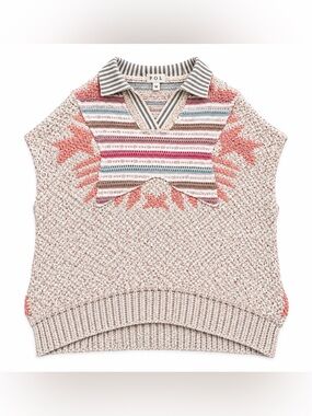 POL Women's V-Neck Striped Collar Sweater in Pink and Cream
